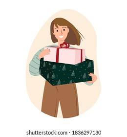 Happy cartoon woman carrying christmas gifts boxes. Happy young girl holding purchases or presents. Shopaholics. Female cartoon characeter gives or gets presents at christmas party. Flat vector illust