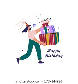 Happy cartoon woman carrying heap of gift box with ribbon vector flat illustration. Female with gifts. Happy Bday quote for greeting card. 