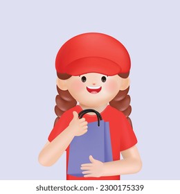 Happy cartoon woman character courier in red t-shirt and cap stand over white background with shopping bag. Online shopping and delivery concept. 3d render illustration.