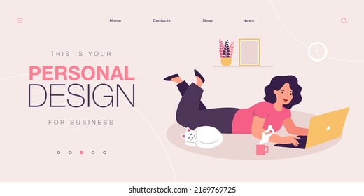 Happy cartoon woman chatting, working, surfing internet at home. Flat vector illustration. Girl doing remote work, lying on floor at cozy living room with laptop and cat. Freelance job concept