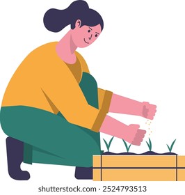 Feliz cartunista agricultora agachada em um joelho e semeia grãos em uma caixa de madeira de brotos. Conceito de agricultura, jardinagem, agricultura e colheita.