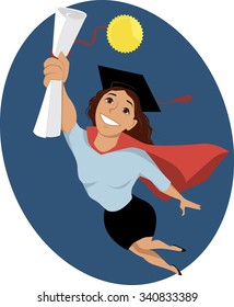 Happy cartoon woman in a graduation cap and a cape flying in a superhero pose, holding a diploma in her hand, EPS 8 vector illustration