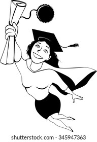 Happy cartoon woman in a graduation cap and a cape flying in a superhero pose, holding a diploma in her hand, EPS 8 vector line art, no white objects