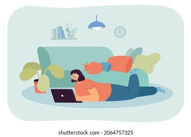 Happy cartoon woman lying on floor with laptop and cat on sofa. Girl working from home flat vector illustration. Remote work, freelancing, relaxation concept for banner, website design or landing page