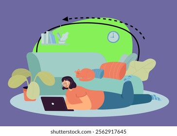 Happy cartoon woman lying on floor with laptop and cat on sofa. Girl working from home flat vector illustration. Remote work, freelancing, relaxation concept for banner, website design or landing page