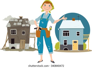 Happy Cartoon Woman In Overalls With Tools Standing Between Pictures Of A House Before And After Renovation, EPS 8 Vector Illustration, No Transparencies