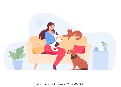 Happy cartoon woman playing with pets on sofa at home. Owner of dogs and cat smiling and relaxing on couch in cozy room flat vector illustration. Domestic animals, love, care concept for banner