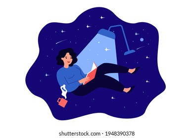 Happy cartoon woman reading and fantasizing at night. Flat vector illustration. Girl character flying in magic space with illuminating lamp, book, cup of tea. Reading, literature, imagination concept