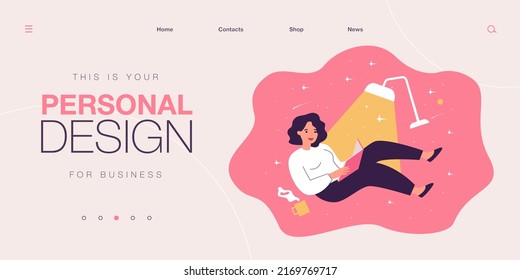 Happy cartoon woman reading and fantasizing at night. Flat vector illustration. Girl character flying in magic space with illuminating lamp, book, cup of tea. Reading, literature, imagination concept