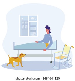 Happy Cartoon Woman Sit on Bed Hospital Ward Wheelchair Vector Illustration. Mobility Assistance, Trained Service Dog. Physically Disabled, Handicapped Person Rehabilitation Treatment