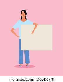 happy cartoon woman standing with blank poster over pink background, colorful design. vector illustration