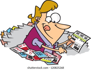 Happy Cartoon Woman Surrounded By And Clipping Coupons