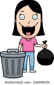 A happy cartoon woman taking out the trash.