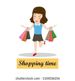 Happy cartoon woman walking with shopping bags - shopping time concept