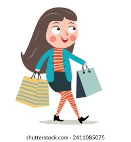 A happy cartoon woman is walking with shopping bags in a vector illustration.