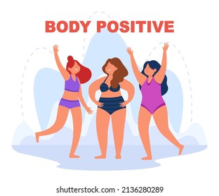 Happy cartoon women with different body types in bikinis. Plus size models, smiling females in swimsuits flat vector illustration. Beauty, fashion, body positive, healthy lifestyle concept for banner