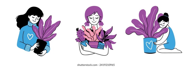 Happy cartoon women with their plants in pots. Flat vector illustration set isolated on white background, suitable for social media, advertising, blog. Home garden, gardening, plant lover concept. 