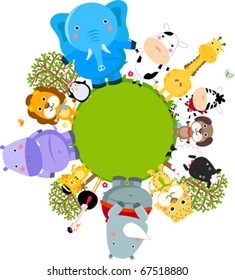 Happy cartoon world globe surrounded by animals