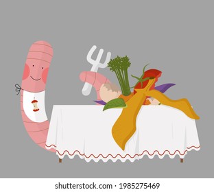 happy cartoon worm with pink cheeks at lunch. Composting organic matter concept. organic farming. disposal of organic waste with worms