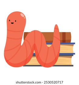 Feliz worm de desenhos animados lendo livros, educação e conceito de sabedoria, de volta à escola