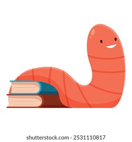 Happy cartoon worm smiling and reading a stack of books, great for educational or children's designs