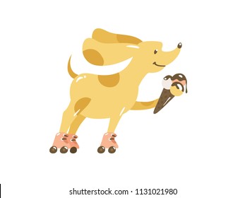 Happy cartoon yellow dog walking by retro roller skates. Cute doodle puppy with melting ice-cream rollerblading outdoor. Summer card with illustration of pet isolated on white background.