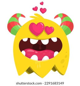 Happy cartoon yellow flying monster in love with hearts for St. Valentine's Day party