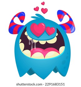 Happy cartoon yellow flying monster in love with hearts for St. Valentine's Day party