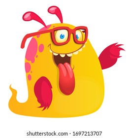 Happy cartoon yellow ghost monster wearing eyeglasses. Vector illustration