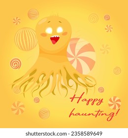 Happy cartoon yellow monster. Yellow and cheerful vector monster. A postcard with a monster, lollipops and congratulations. Simple vector illustration.