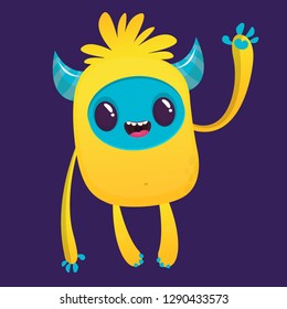 Happy cartoon yellow monster. Vector illustration of excited monster character waving hand
