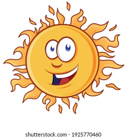 Happy cartoon yellow sun character smiling  isolated on white bachground