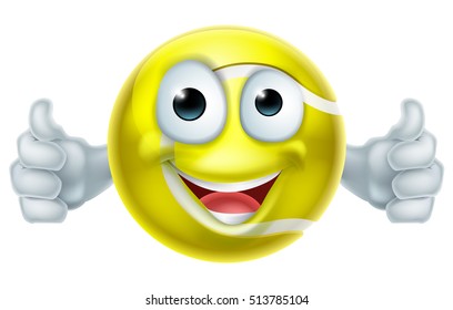 A happy cartoon yellow tennis ball man mascot character doing a double thumbs up