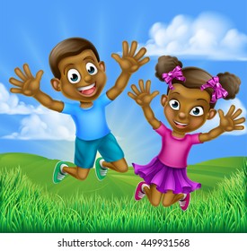 Happy cartoon young black boy and girl children jumping for joy outdoors in a field.