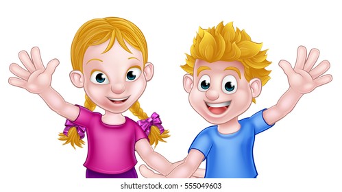 Happy cartoon young boy and girl kids waving, possibly brother and sister