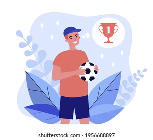 Happy cartoon young footballer thinking about prize. Flat vector illustration. Sportsman character holding ball, dreaming about winning championship, striving for victory. Goal, sport, dream concept