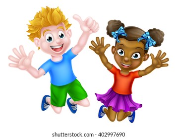 Happy cartoon young girl and boy, one black and one white, jumping for joy