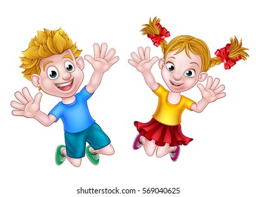 Happy cartoon young girl and boy jumping for joy with hands in the air