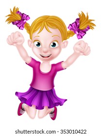 Happy cartoon young girl jumping for joy with fists in the air
