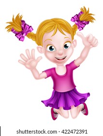 Happy cartoon young girl jumping for joy with hands in the air doing a thumbs up