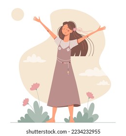 Happy cartoon young woman enjoys life. Vector tender summer illustration. Cute barefoot girl in a sundress.