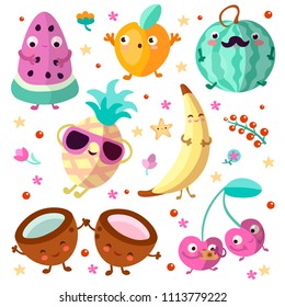 Happy cartooning fruits vector illustration. Set of tropical childish fruit, relaxing and happy, isolated on white background. Tropical fruits collection with happy and joy cartoon emotions