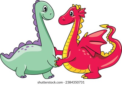 Happy cartoonish dino and dragon. Vector