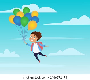 Happy cartoonish schoolboy with baloons flying. Back to school concept. Vector illustration.