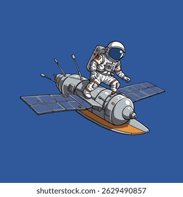 Happy cartoon-style astronaut chilling on the moon, holding a colorful toy satellite with excitement.