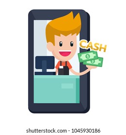 Happy cashier standing wait for checkout on the mobile phone screen and hand holding the cash money paying for the purchase. Vector flat design illustration isolated on white background.