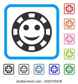 Happy Casino Chip icon. Flat gray pictogram symbol inside a blue rounded frame. Black, grey, green, blue, red, orange color versions of happy casino chip vector.