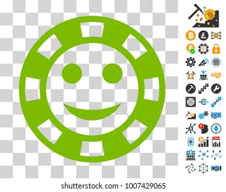 Happy Casino Chip pictograph with bonus bitcoin mining and blockchain graphic icons. Vector illustration style is flat iconic symbols. Designed for crypto-currency websites.