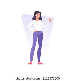 Happy casual brunette woman standing with cool gesture thumbs up vector flat illustration. Smiling female celebrating win good business deal successful profit decision with positive emotion isolated