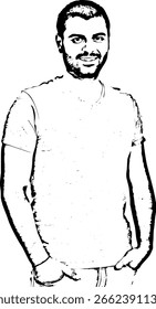 Cara casual feliz em branco cinzento t-shirt isolado no fundo branco Vetor de esboço